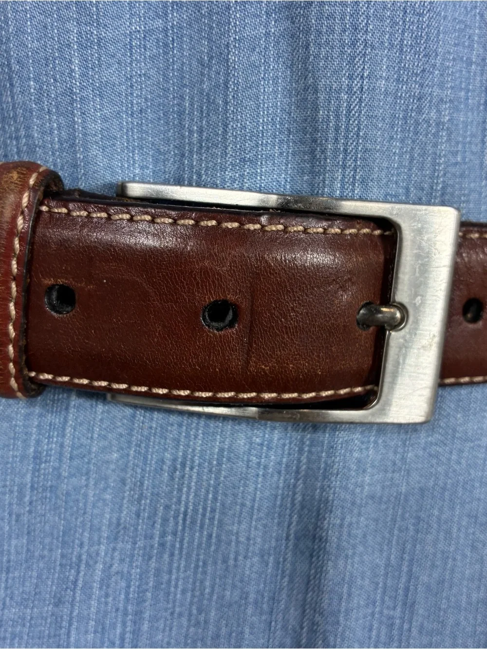 Tulliani unisex belt Sz 42 Italian saddle leather brown white stitching